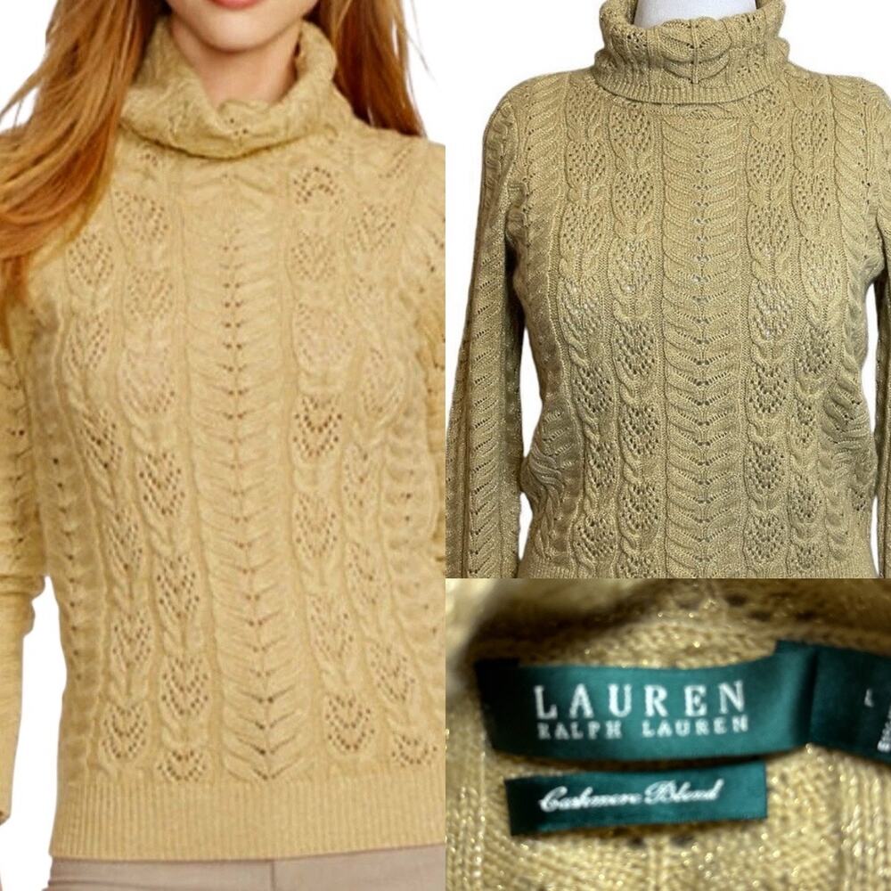 Lauren Ralph Lauren Cable Knit Cashmere Blend Metallic Turtleneck Sweater Large